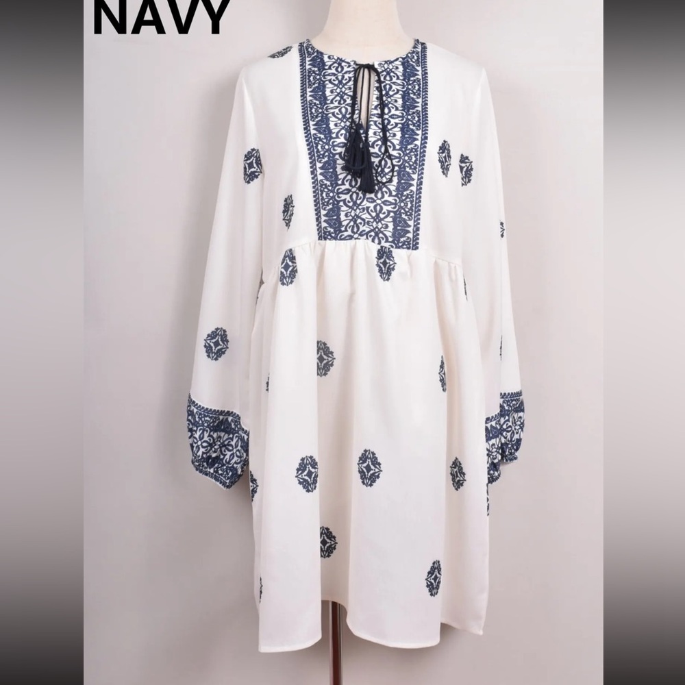 FROM PARIS FRANCE White and Navy Embroidered Dress